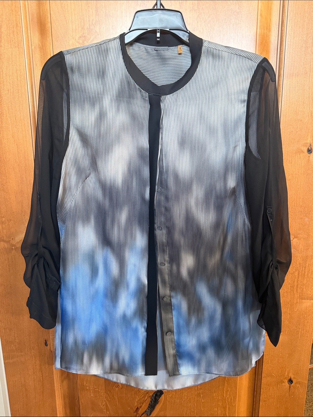 Elie Tahari Black Sheer Sleeve Ombre Blouse with Blue and Gray